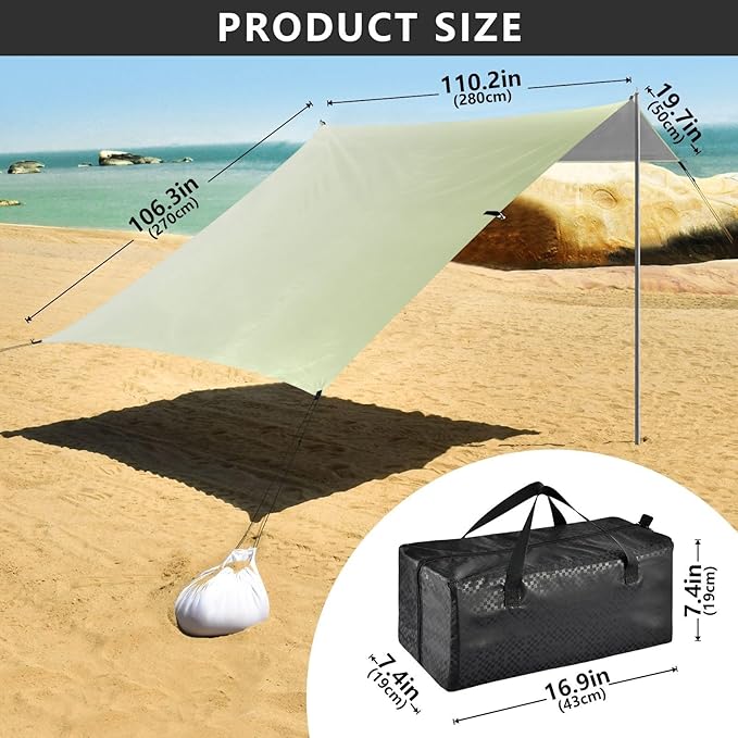 Cyan Blue Gradient Beach Canopy UPF50 Water-Resistant Portable Sun Shelter Includes Sand Shovel Sandbags Stability Poles for Backyard and Camping