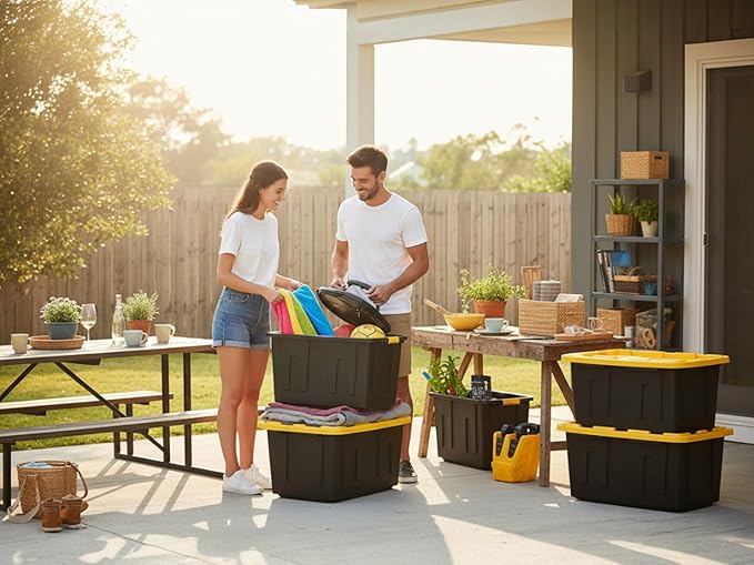 Heavy-Duty Storage Tote with Lid Black and Yellow 27 Gallon 30.6 W x 20.6 D x 14.3 H (12 PACK)