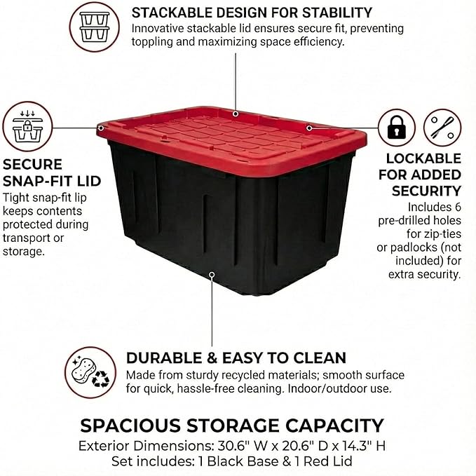 27 Gal Industrial Tote2 Pack Large Storage BinBlack with Red Lid Plastic Storage Container Stackable &amp Nestable Heavy Duty Storage Totes Suitable for Garages Basements or Outdoors (2 Pack)