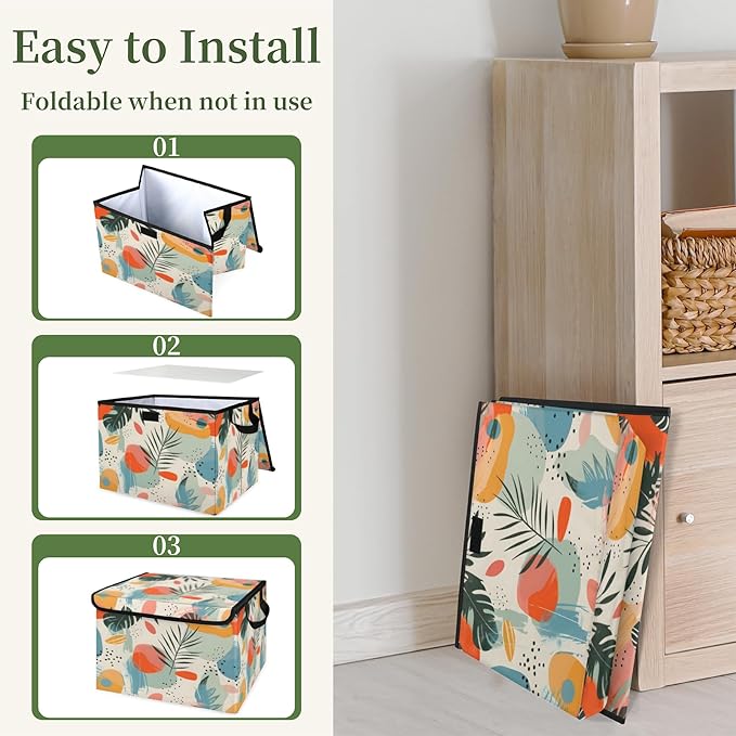 Boho Leaf Storage Bins with Lids Mid Century Foldable Storage Boxes with Carrying Handle Organizer Containers Baskets Cube for Home Bedroom Closet