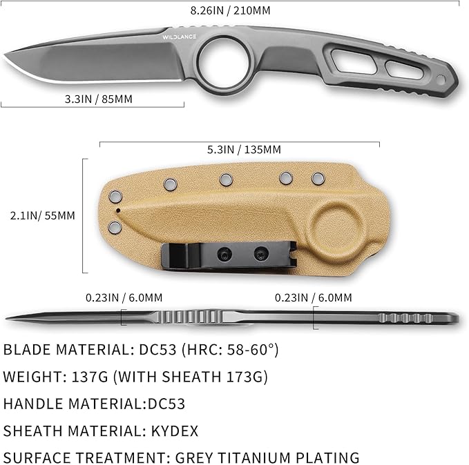 EDC Fixed Blade Knife with Sheath Camping Knife Fixed Blade 3.3 DC53 Steel Outdoor Survival Blade Full Tang Hunting Knives for Men Women IB-02 Silver