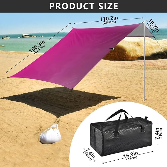 Rose Red Gradient Beach Tent UPF50+ Protection Waterproof Large Sun Shelter with Sand Shovel for Camping Picnics Backyard