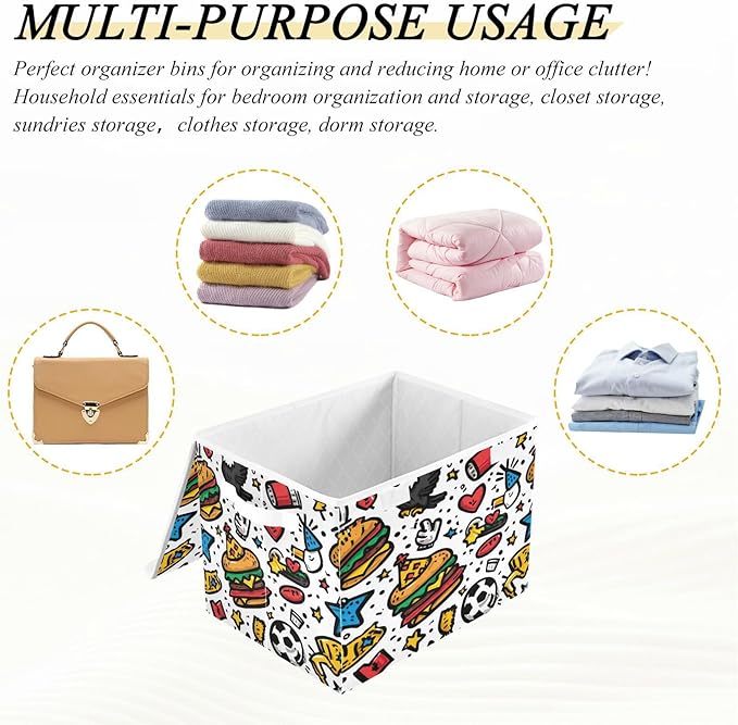 Storage Bins With Lid Stackable Fabric Closet Organizer Clothing Storage Large Boxes For Closet Shelves Bedroom Burger Soccer Heart Eagle Cartoon