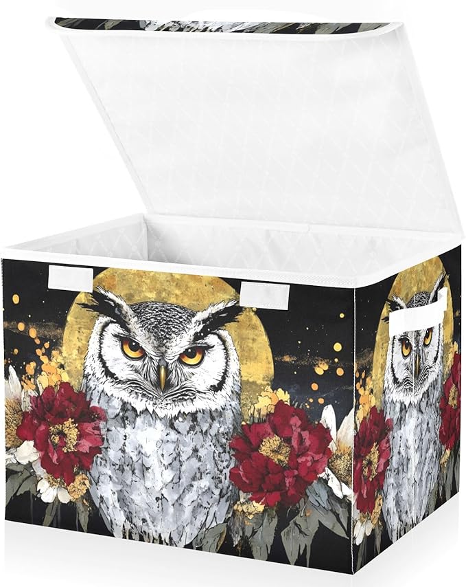 AIXIWAWA Lidded Storage Cube (Floral Owl) Fabric Foldable Closet Bins with Flip Lid and Handles Organizer Basket Container 16.5 x 12.6 x 11.8 IN