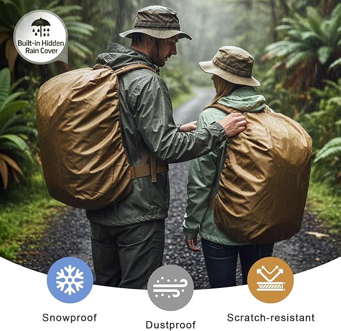 Military Tactical Backpack with Hidden Rain Cover 50L MOLLE Army Backpack for Men 3-Day Assault Rucksack for Trekking Heavy Duty Waterproof Pack Bag for Camping Hiking - Khaki