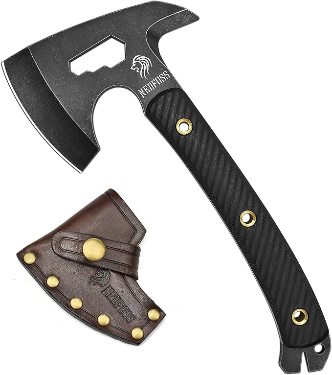 NedFoss Bison 9.8 Tactical Hatchet Axe Tomahawk Hatchet with Genuine Leather Sheath and G10 Handle Compact Camping Gear Bearded Axe Gifts for Men Multifunctional Survival Axe with Spike Tool