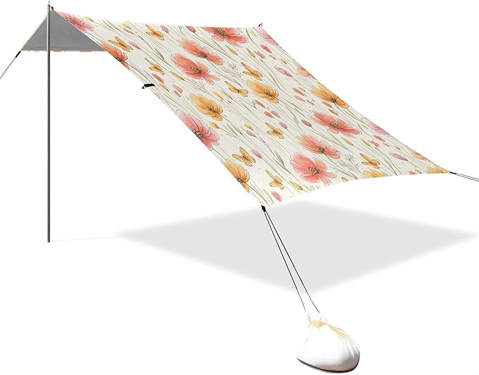Wildflower Beach Canopy Sun Shelter with Sandbags &amp Sand Shovel &amp Windproof Ropes - Portable 110x126 Beach Shade Beach Tent for Camping Picnics