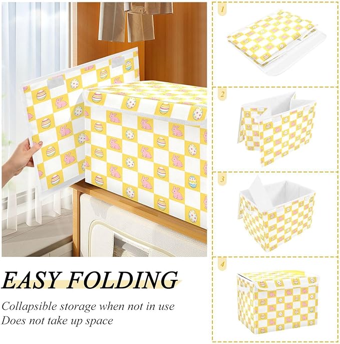 Storage Bins With Lid Stackable Fabric Closet Organizer Clothing Storage Large Boxes For Closet Shelves Bedroom Checkered Yellow Easter Bunny Eggs