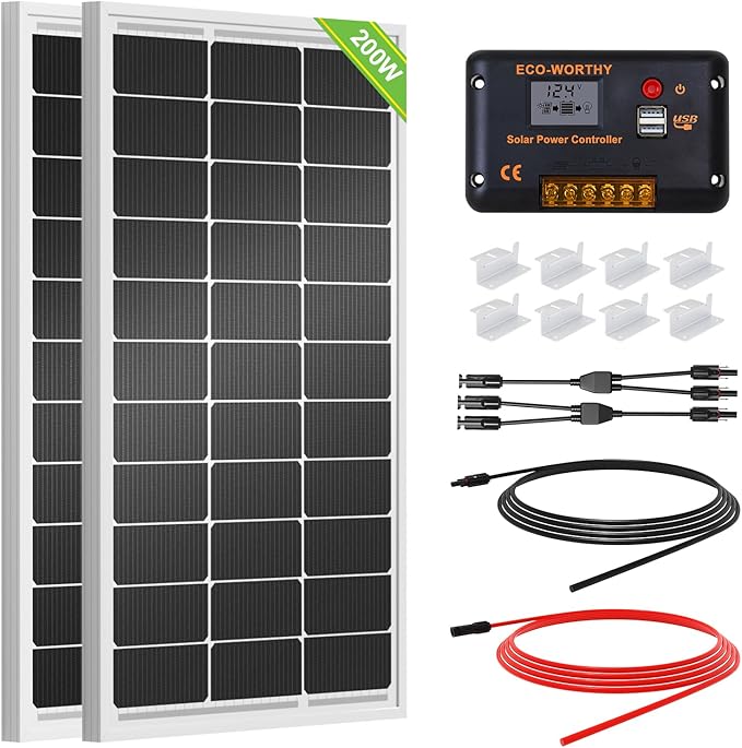 ECO-WORTHY 200 Watts 12 Volt/24 Volt Solar Panel Kit with High Efficiency Monocrystalline Solar Panel and 30A PWM Charge Controller for RV Camper Vehicle Caravan and Other Off Grid Applications