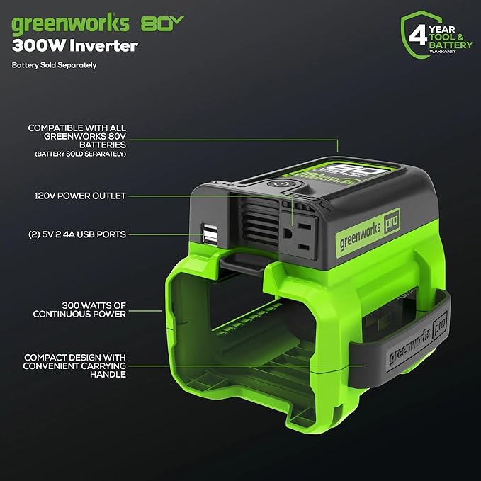Greenworks Pro 80V (300 Watt) Power Inverter 120V AC for Charging Small Electronics Smart Phones Tablets Small Televisions Tool-Only IV80A00