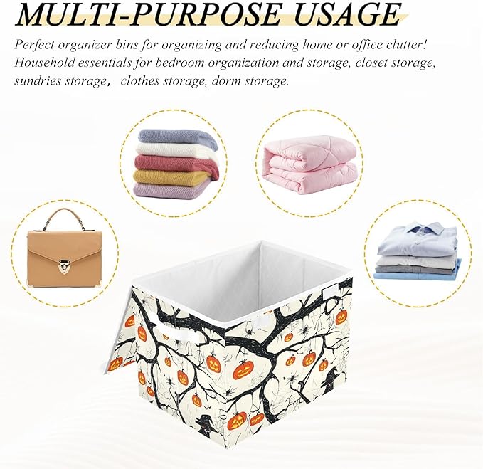 Pumpkin Spider Witch Collapsible Storage Bins with Lids Decorative Fabric Cubes Closet Organizer Basket Boxes Containers for Clothes Box Chest Folding Rec