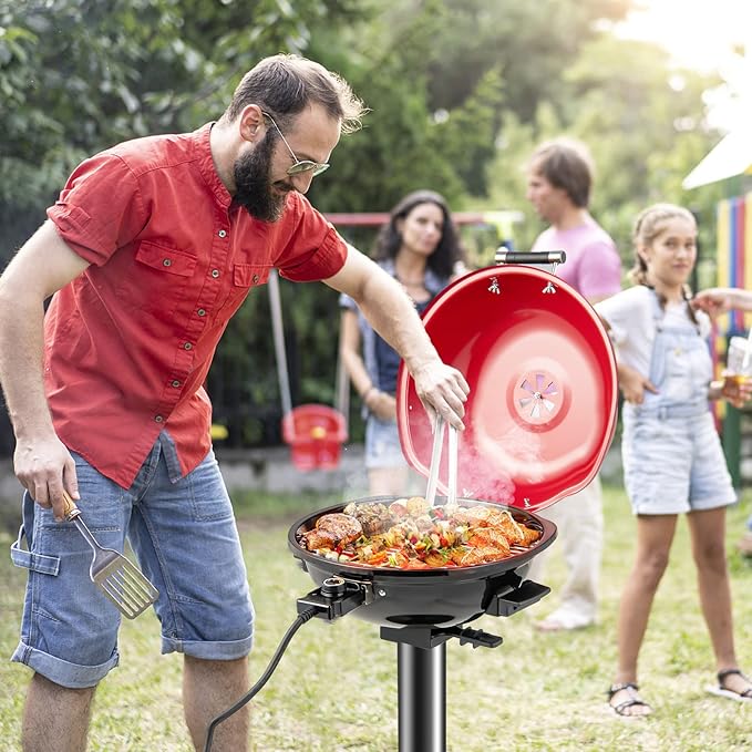 HAPPYGRILL Electric Grill Outdoor 1600W Barbecue 15-Serving for Indoor &amp Outdoor Use Portable Stand BBQ Grill for Cooking Patio Kitchen Garden Red