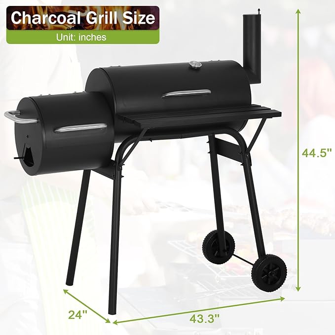 BLKMTY 43 Charcoal Grills Outdoor BBQ Grill with Offset Smoker Camping Portable Grill Camping Barbecue Grills with Side Fire Box for 6-10 People Patio Backyard Picnic BBQ Black