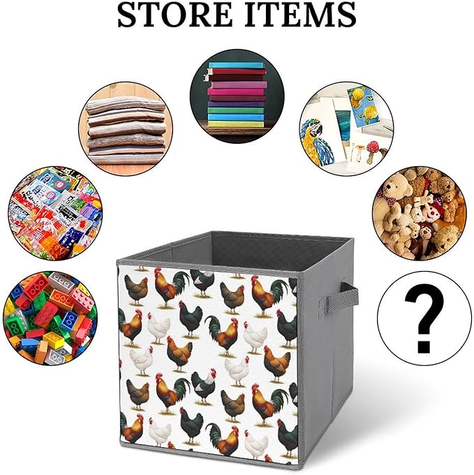 Collapsible Storage Box with Handles Cute Farm Animals Chicken Multi-Purpose Foldable Cube Bin for Pantry Garage Bathroom Quick-Fold Design for Easy Storage