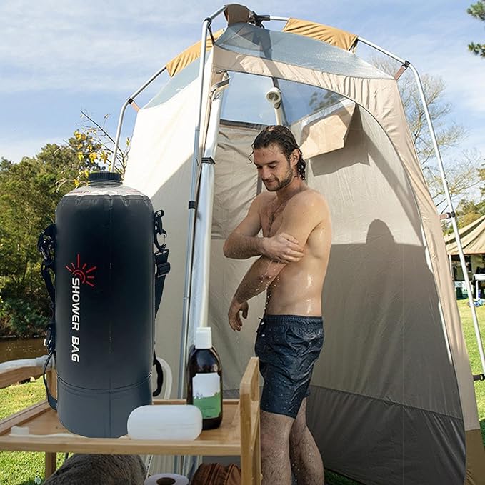 Camping Shower Bag – 12L PVC Black Foldable Water Container Showerhead Hose Assembly Solar Warm Supply | Perfect For Outdoor Adventure Washing Backpacking Hygiene Routine Road Trip Cleaning Setup