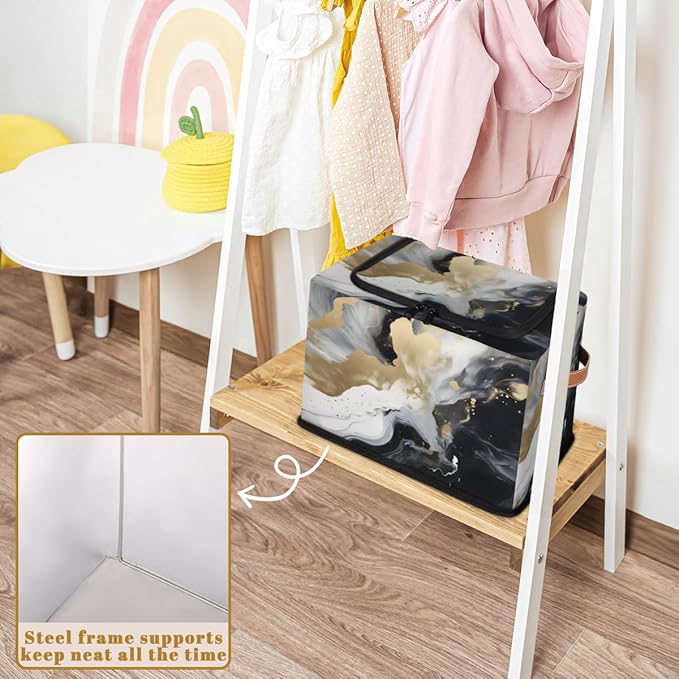 Marble Storage Bins with Zipper Lid Black Gold Marble Fabric Lidded Storage Baskets Cubes with Handles Decorative Foldable Shelf Closet Organizer Container