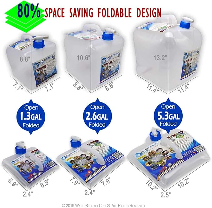 WaterStorageCube BPA Free Collapsible Water Container with Spigot Camping Water Storage Carrier Jug for Outdoors Hiking Backpack &amp Survival Kit Foldable Portable Water Canteen 1.3/2.6/5.3 Gallon