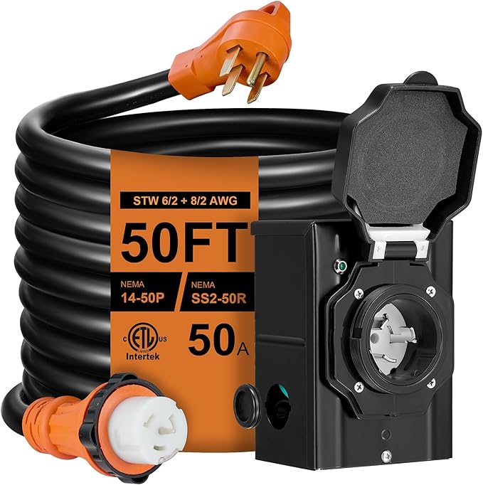 50FT 50 Amp Generator Cord with Pre-Drilled Power Inlet BoxHeavy Duty Generator Power Cord 4 Prong125/250VNEMA 14-50P Male to SS2-50R &amp CS6364WaterproofETL ListedHome/RV Power Supply