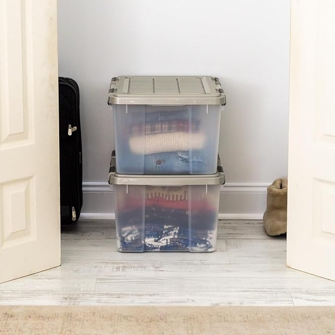 IRIS USA 44 Qt Storage Bins with Gasket Seal Lid 2 Pack - BPA-Free Heavy Duty Moving Containers Tight Latch Weather Proof Tote WEATHERPRO - Clear/Chrome