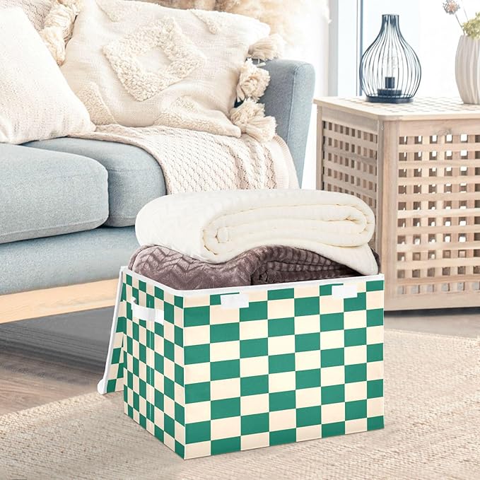 Storage Bins With Lid Stackable Fabric Closet Organizer Clothing Storage Large Boxes For Closet Shelves Bedroom Checkered Emerald Green and Beige