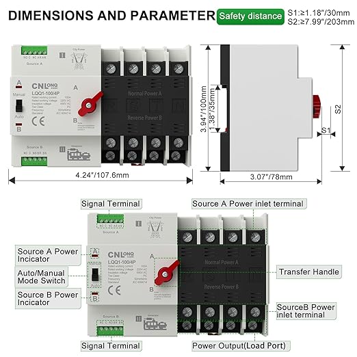AC110V/120V 100Amp Automatic/Manual Transfer Switch 4P 50/60Hz 4Poles Mini ATS Auto Dual Power Switch Automatic Changeover Fast Transfer for Home Generator Soalr Rv and Lv Power
