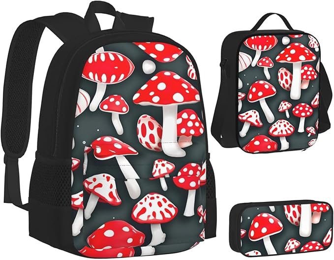 Red White Mushroom Backpack With Lunch Box 3 In 1 Set With Pencil Case Large Capacity Backpack With Chest Strap