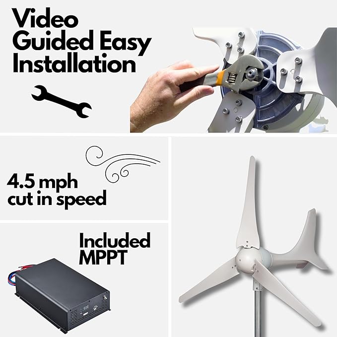 Automaxx Windmill 600W (12V/24V) (50A/25A) Wind Turbine Generator kit Wind Power MPPT Charge Controller Included (Amp Volt &amp Watt Display) + Automatic and Manual Braking System. DIY Installation