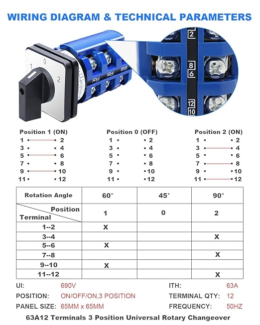 Multi-Transfer Switch AC 660V 63A 3 Positions 12 Terminals - Changeover Selection Switch for RV Camper and Boat