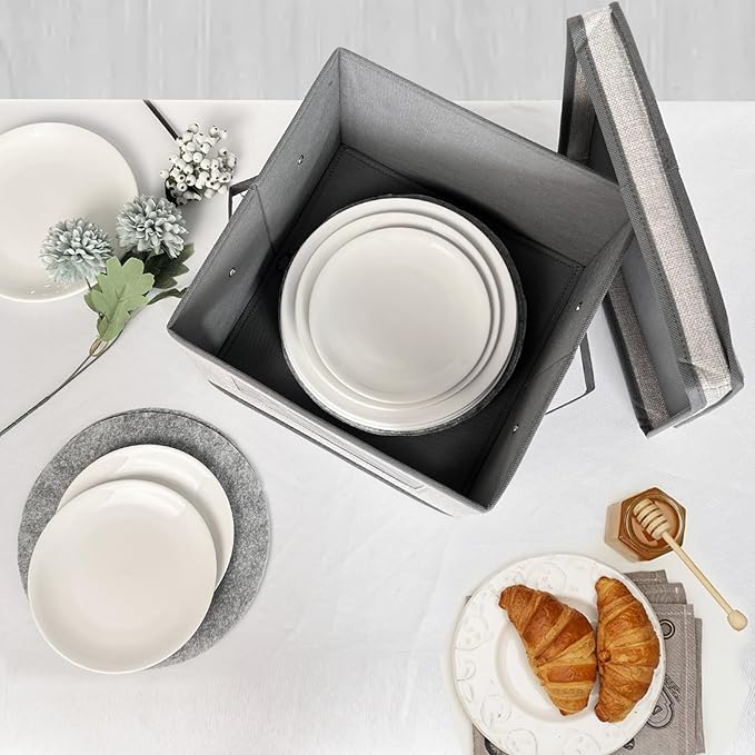 homyfort China Storage Containers With Lid and Handles Dinnerware Storage Box for Dishes with 12 Felt Dividers Hold 24 Plates12 x 12 Set of 2 Light Grey