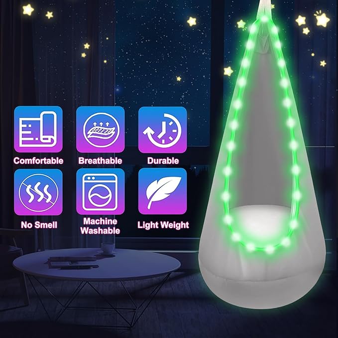 Light Up Swing Chair Hammock Chair Indoor Outdoor for Kids Pod with LED Lights Soft and Safe 176 lb. Load Capacity Easy Installation Perfect for Bedroom Garden and Playroom (Gray)