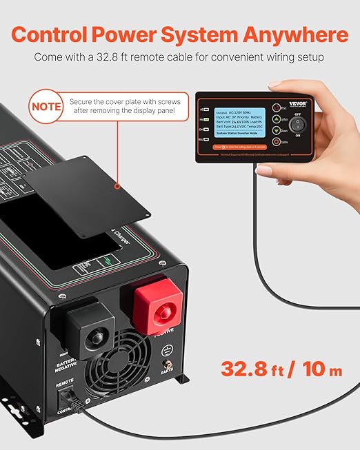 VEVOR Pure Sine Wave Inverter Charger 3000 Watt DC 24V to AC 120V Power Inverter with LCD Display Remote Control Solar Inverter for Off-Grid Solar RV Boat Home Compatible with Various Batteries