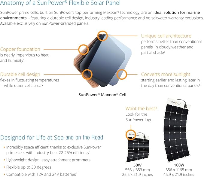 ExpertPower 2 Pieces 100W Flexible Solar Panel| High-Efficiency Module with Monocrystalline Maxeon Solar Cells for RV Boat Camping and Generator Charging Applications