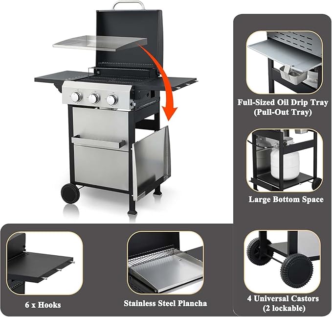 3 Burner BBQ Propane Gas Grill with Plancha Griddle Stainless Steel Patio Garden Barbecue Grill with Two Side Shelves36900 BTU Outdoor Barbecue Cooking with Top Cover Lid