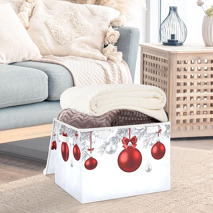 senya Christmas Baskets Collapsible Storage Bins with Lids New Year Fir Branches Red Christmas Balls Storage Boxes Clothes Baskets for Organizing