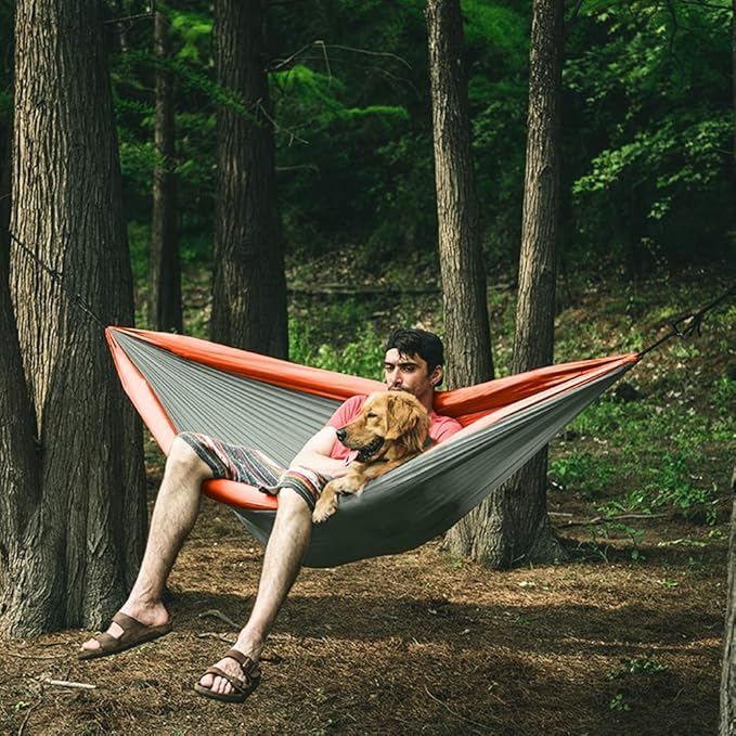 Single Camping Hammock Portable Indoor Outdoor Tree Hammock with 2 Hanging RopesLightweight Nylon Parachute Hammocks for Backpacking Travel(Grey/Pink)