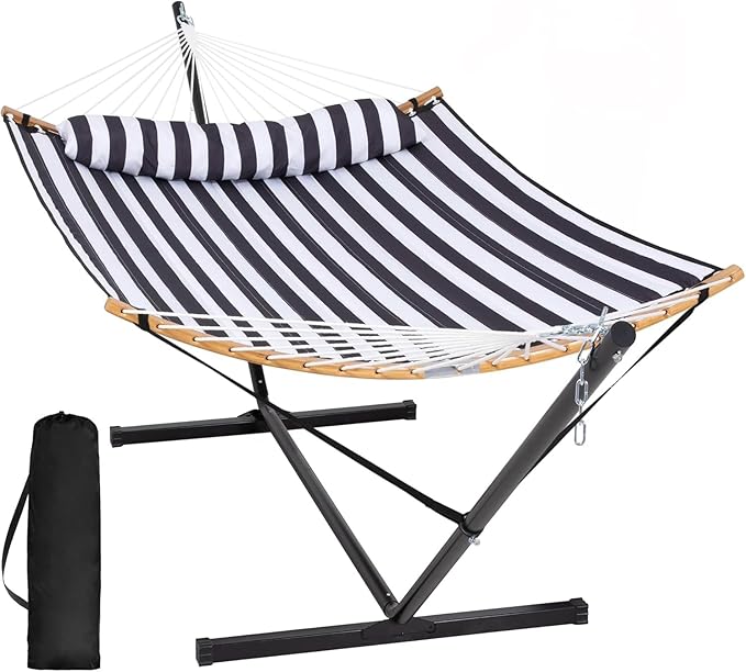 SUNCREAT Hammocks Extra Large Hammock with Stand Included Double Hammock with Curved Spreader Bar Black Stripes