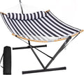 SUNCREAT Hammocks Extra Large Hammock with Stand Included Double Hammock with Curved Spreader Bar Black Stripes