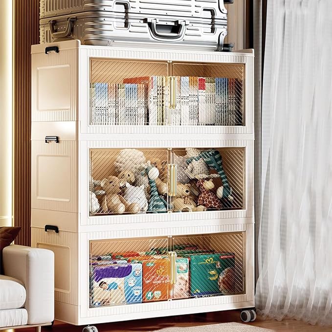 5900QT Stackable Storage Bins with Lid147Gal Closet Organizers and Plastic Cabinets Shelves Collapsible Drawers Foldable Boxes with Wheels for Home Office 3Pack (Clear Door 39inch)