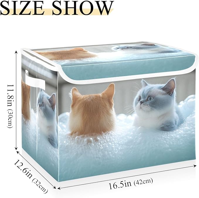 AIXIWAWA Lidded Storage Cube (Showering Cats) Fabric Foldable Closet Bins with Flip Lid and Handles Organizer Basket Container 16.5 x 12.6 x 11.8 IN