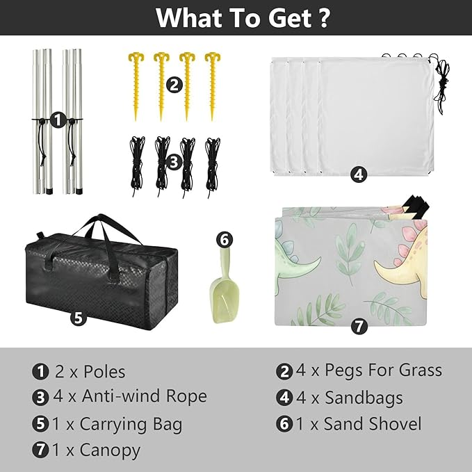 xigua Dinosaur Beach Tent Sun Shelter with Carrying Bag - Silver Coated Oxford Fabric Beach Canopy for Beach Camping Fishing - Includes Windproof Ropes Sandbags &amp Stakes