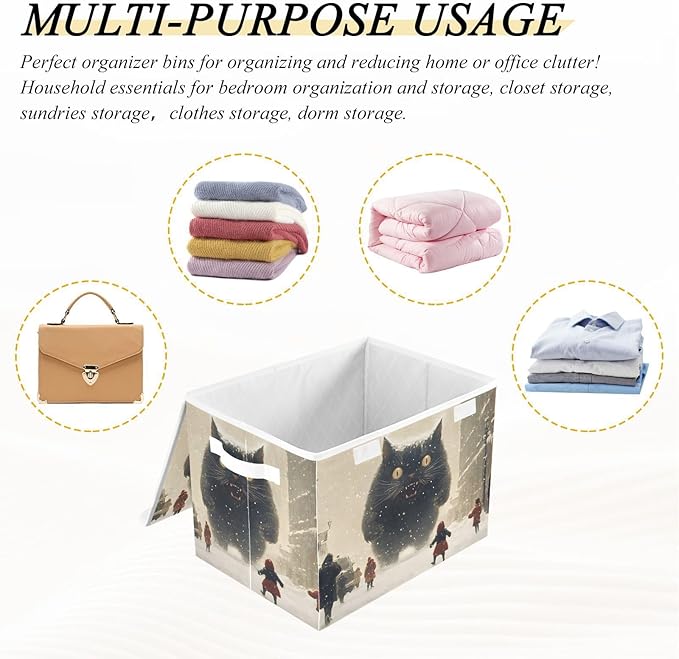 AIXIWAWA Lidded Storage Cube (Monster Cat in City) Fabric Foldable Closet Bins with Flip Lid and Handles Organizer Basket Container 16.5 x 12.6 x 11.8 IN