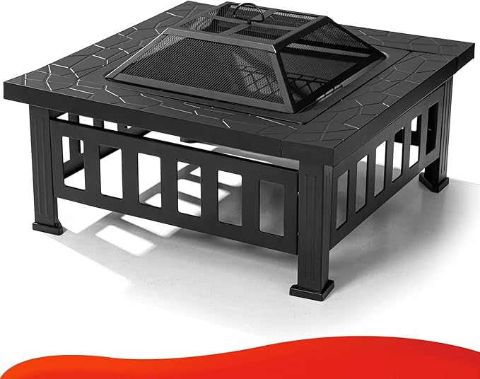 SINGLYFIRE 32 Inch Fire Pit Table for Outside Square Metal Firepit Outdoor Wood Burning Large Steel Bonfire Pit for Patio Backyard Garden with Spark ScreenLog GratePoker