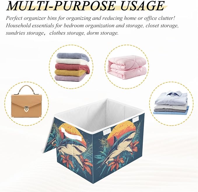 Tropical Fish Floral Storage Cube Bins Basket with Lid Collapsible Flip-top Fabric with Handle for Home Bedroom Closet Office 16.5×12.6×11.8 in