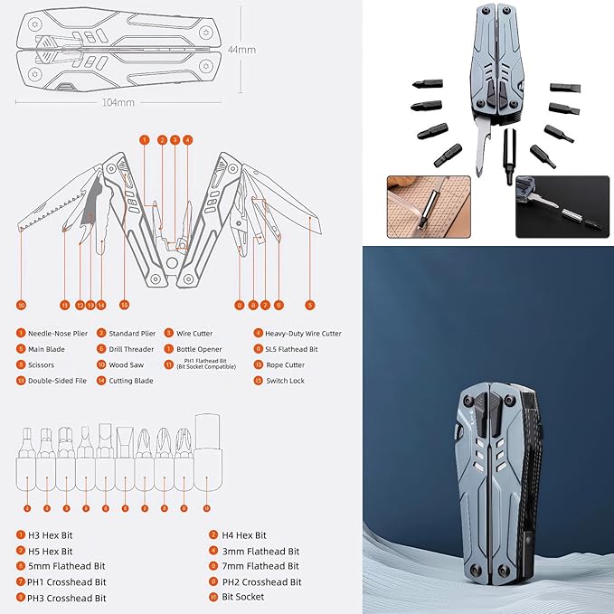 Multitools 20-in-1 Full-Size Lightweight EDC Multi-Purpose Pliers Folding Knife Nylon Bag Portable Tools Men Gift Ideas Equipment for Emergencies Hiking and Outdoor Camping (Blue)