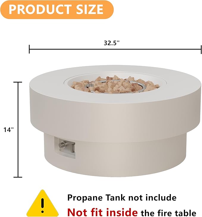 32.5 inch Outdoor Propane Fire Pit Table 50000 BTU Round Patio Fire Pit Table with Lid Waterproof Cover 10ft Gas Hose &amp Gas Tank Base Lava Rocks CSA Certified White