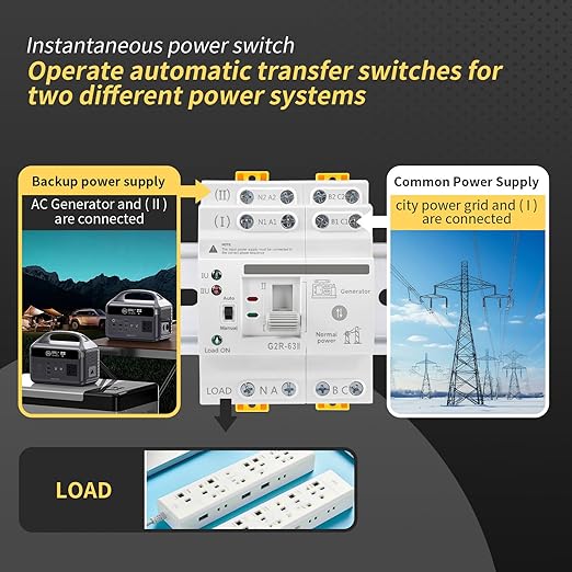 Mini ATS Automatic/Manual Transfer Switch 4P 63A AC110V Home Generator Manual Transfer for Uninterruptible Power Supply 3Phas Dual Power Electrical Selector Switch DIN Rail （G2R 4P 63A AC110V）
