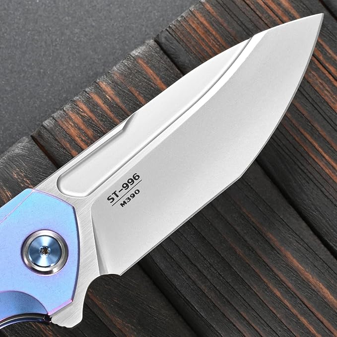 Sitivien ST996 Folding KnifeHandmade M390 Pearlescent Polishing BladeTitanium &amp Carbon Fiber Handle Pocket Knife for Outdoor CampingHikingHunting(Blue)
