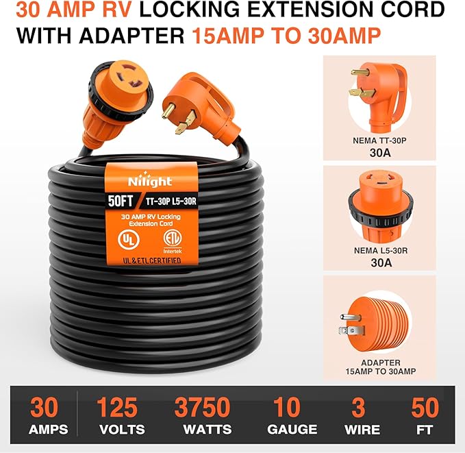 Nilight 30 Amp 50FT RV Locking Extension Cord with Adapter 15Amp to 30Amp 125V Heavy Duty 10 Gauge Pure Copper STW Wire ETL Listed 3 Prong TT-30P L5-30R 30F/30M Weatherproof Suit for Camper Trailer