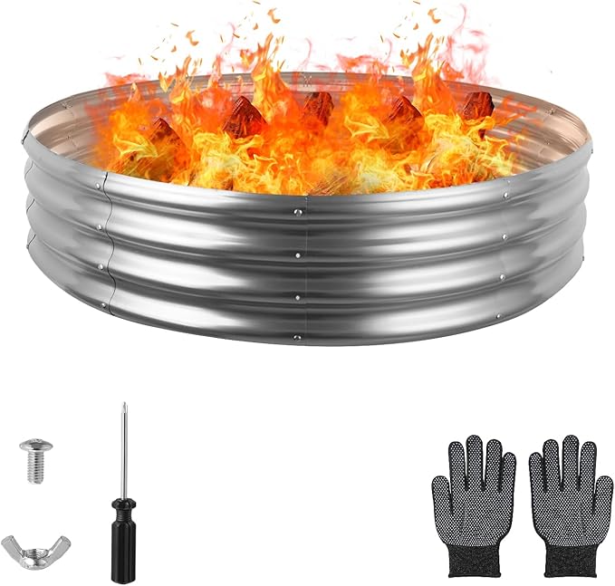 Raynesys 48 Inch Round Galvanized Fire Pit Ring Silver Round Galvanized Fire Ring 4 Feet Diameter Fire Pit Outdoor Pits for Backyard Camping Bonfire
