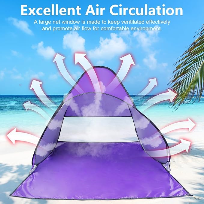 Beach Tent Easy Pop Up 2-3 Person Beach Shade Beach Tent Sun Shelter Instant Portable Beach Tent Umbrella Sun Shade Canopy with Storage Bag for Outdoor Beach Camping Fishing (Purple)